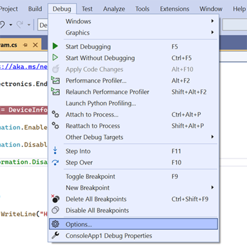 Navigate to Debug Options